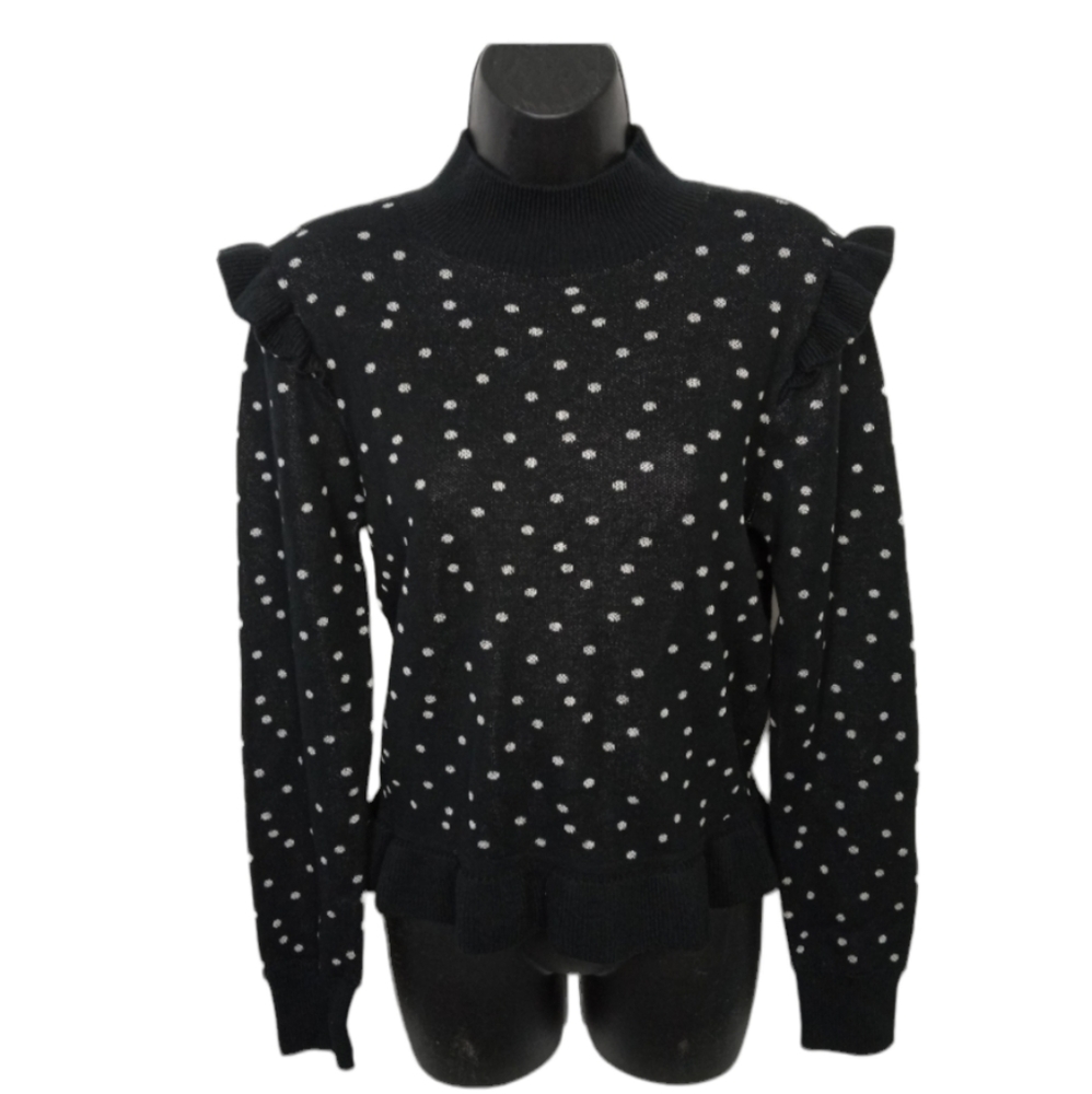 Parker Marlee Long Sleeve Polka Dot Mock Turtleneck Ruffle Sweater